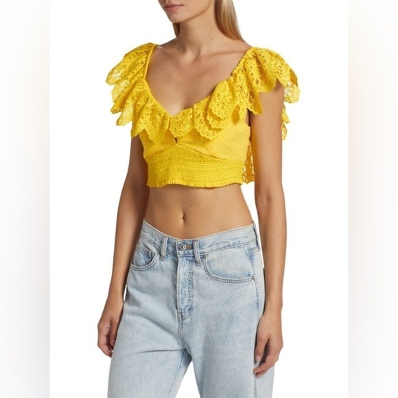NWT! Alice + Olivia Bleeker Ruffled Lace Crop Top Sunbeam Yellow Smocked🌼 XS - Picture 3 of 16